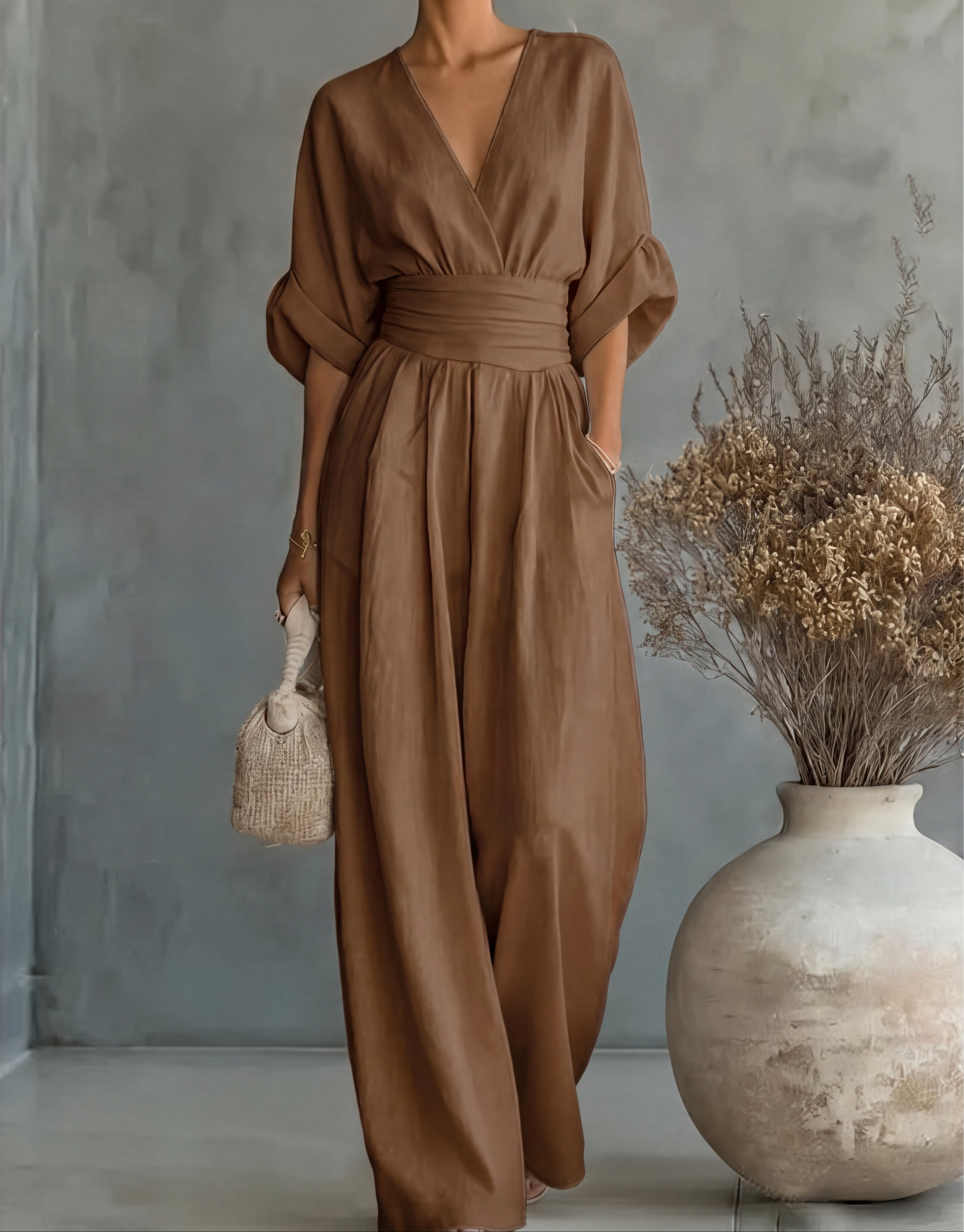 Women's Wrap-Front Wide-Leg Jumpsuit in Flowing Soft Fabric – Occasion Wear, Evening, Celebrations, Spring Summer Elegant One-Piece with Pockets | Koossa