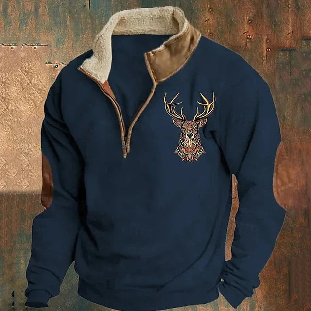 Men's Quarter-Zip Pullover with Elegant Stag Motif — Warm Autumn Jumper for Casual & Smart-Casual Wear | Koossa