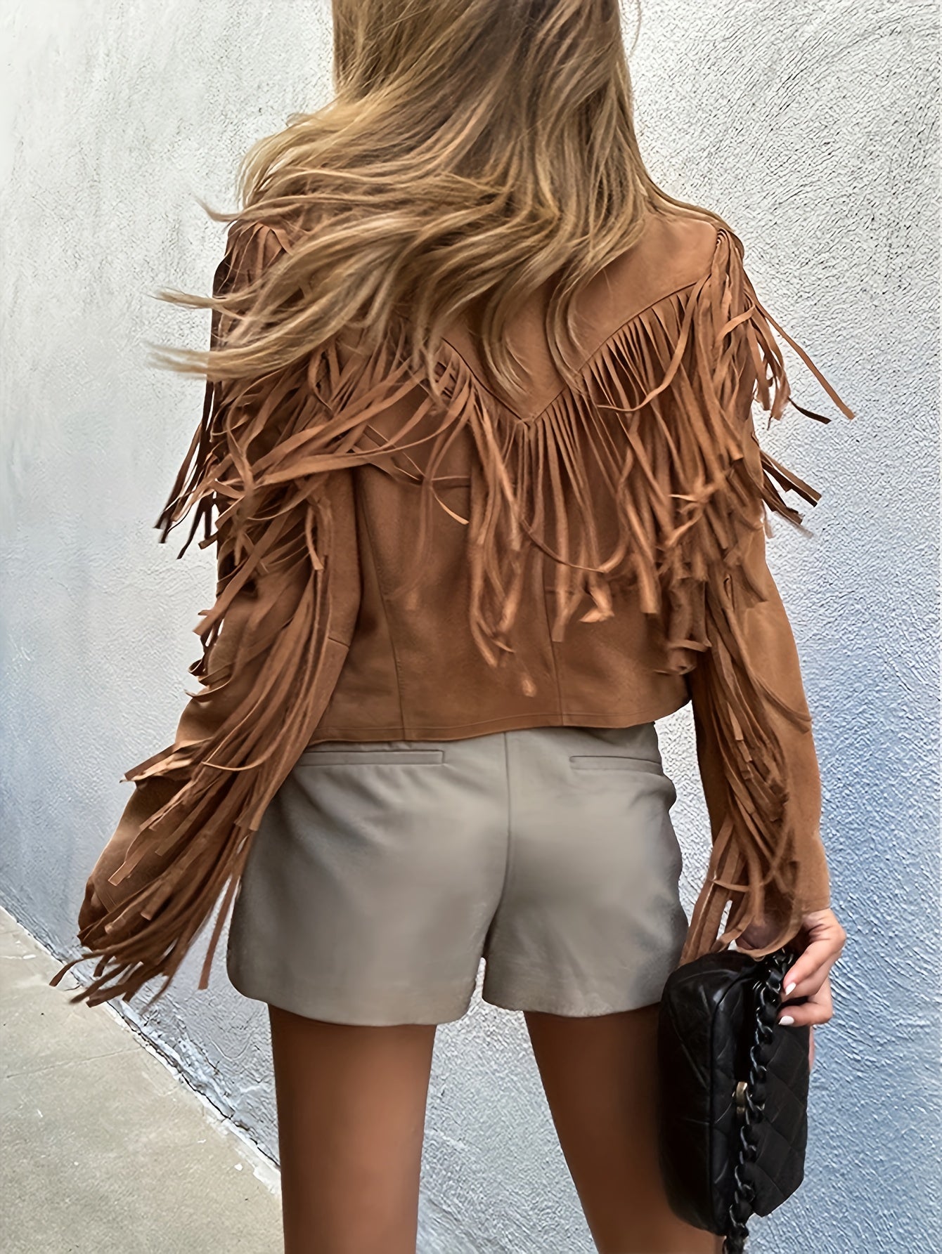 Fringed Suede-Effect Jacket Brown Cropped Western-Inspired Lapel Collar Statement Layering Piece Casual Weekend Outerwear | Koossa