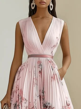 Women's Sleeveless Wrap Maxi Dress with V-Neckline in Soft Pastel Tones for Garden Parties and Summer Occasions | Koossa