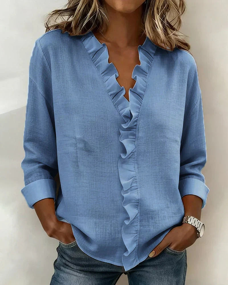 Women's Ruffled V-Neck Long Sleeve Blouse in Lightweight Fabric for Work and Weekend Wear | Koossa