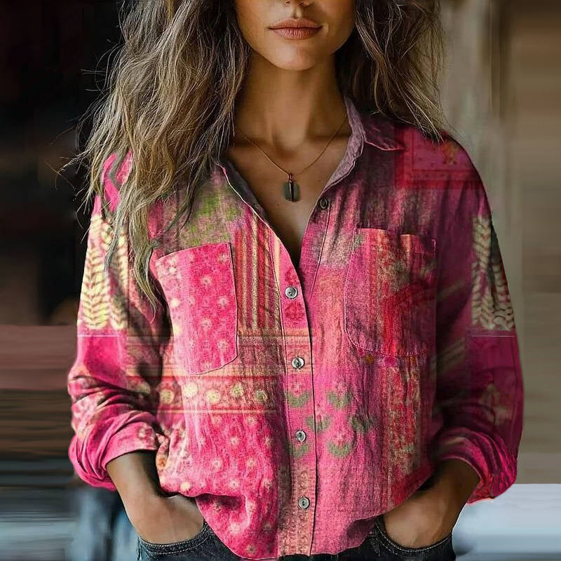 Relaxed Button-Through Blouse with Statement Print in Vibrant Colours for Warm-Weather Styling | Lightweight Long Sleeve Shirt | Koossa