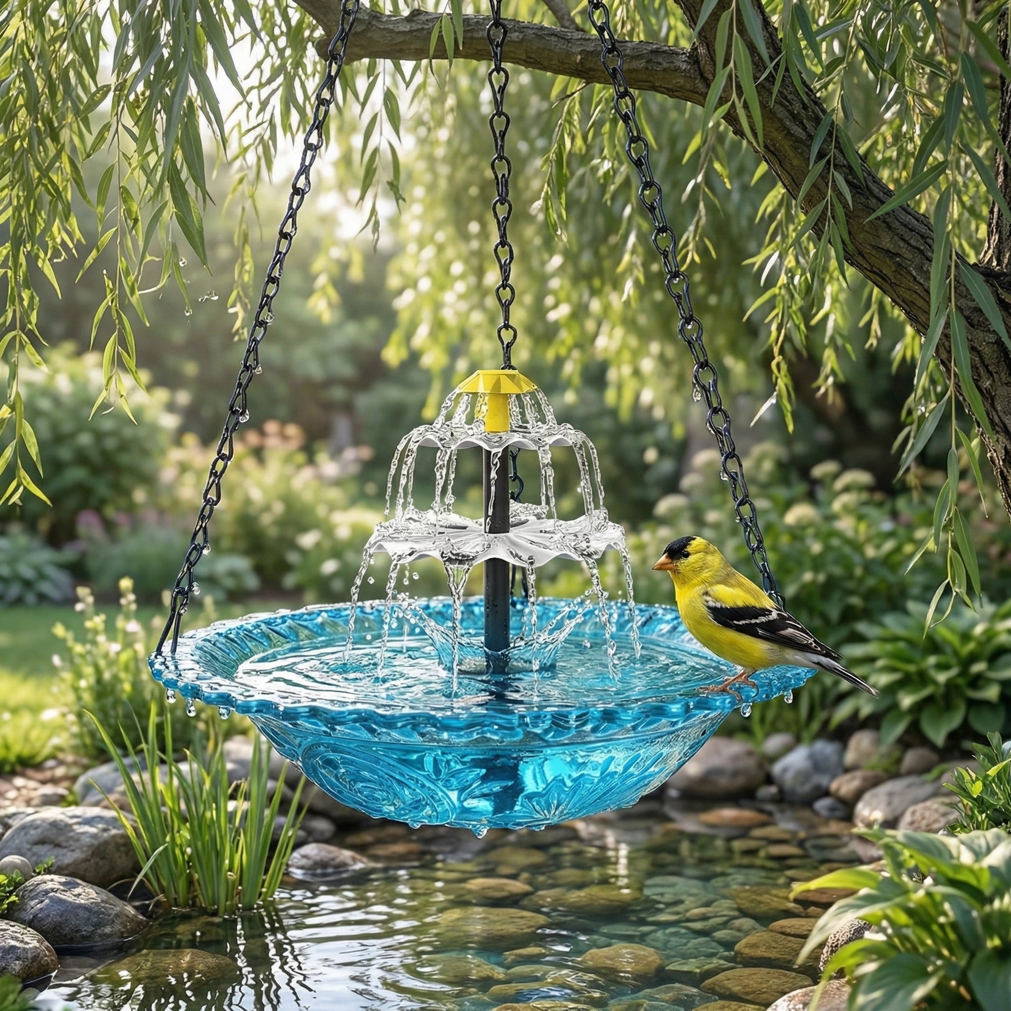 Fontaine à oiseaux suspendue solaire deux vasques verre Ø 25,5 cm cascade automatique jardin terrasse | Koossa