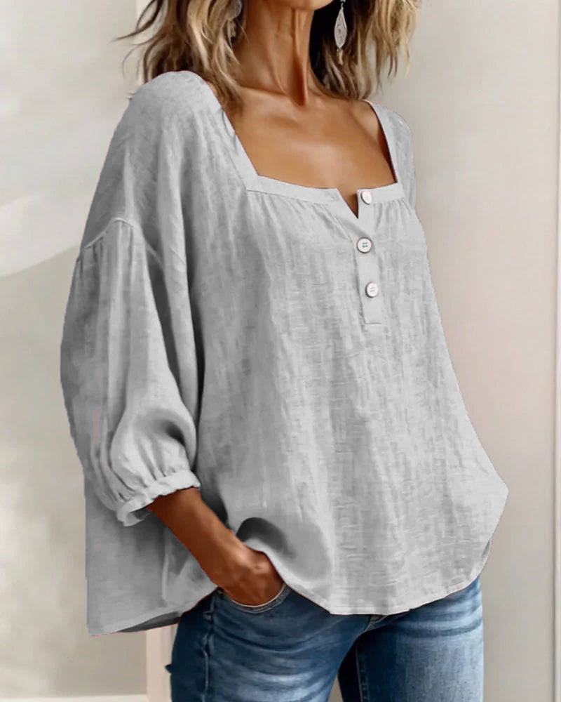 Women's Square Neck Puff Sleeve Blouse in Cotton Blend – Classic Feminine Wardrobe Essential for Every Season | Koossa