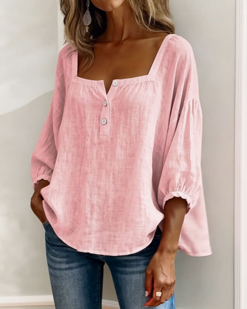 Women's Square Neck Puff Sleeve Blouse in Cotton Blend – Classic Feminine Wardrobe Essential for Every Season | Koossa