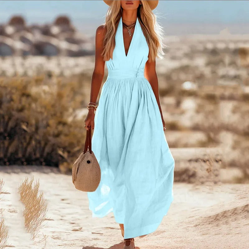 Women's Halter-Neck Cotton-Linen Maxi Dress in Natural Tones for Warm-Weather Elegance | Koossa