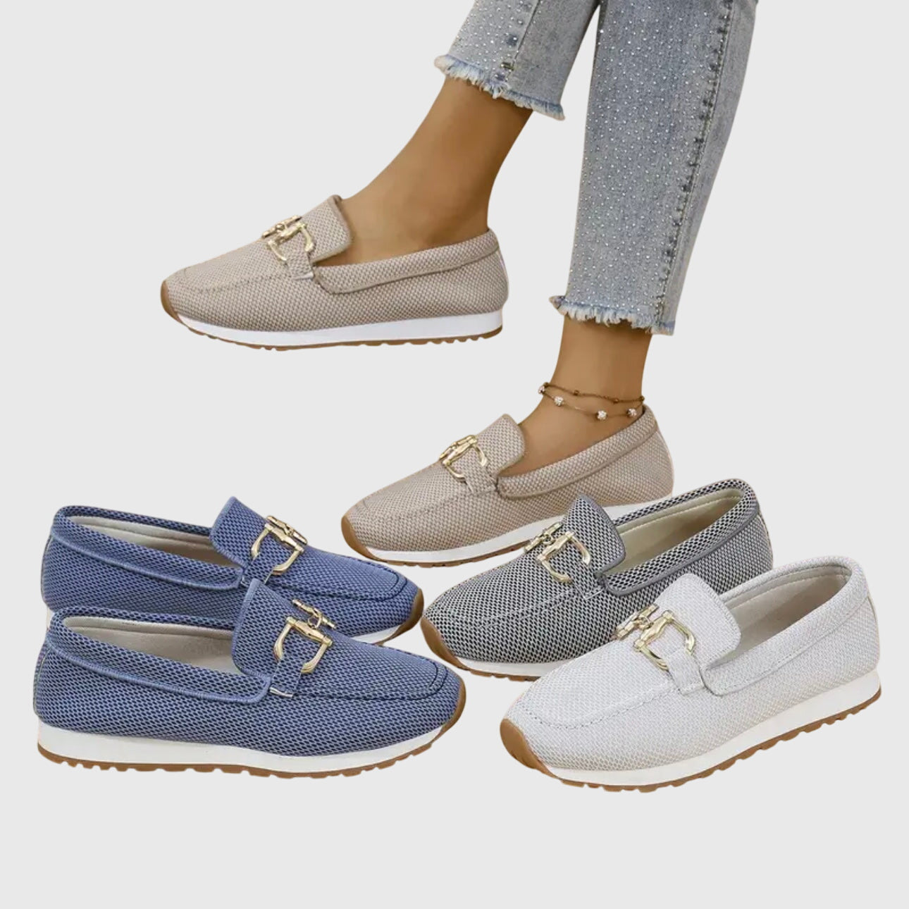 Women's Slip-On Loafers with Metal Trim in Blue, Beige, Grey & White | Classic Comfort Footwear for Everyday Wear, Weekend Styling & Casual Occasions | Koossa