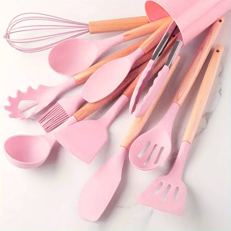 Set de 12 Ustensiles de Cuisine en Silicone avec Manches en Bois Naturel pour Cuisson Douce et Soignée | Koossa