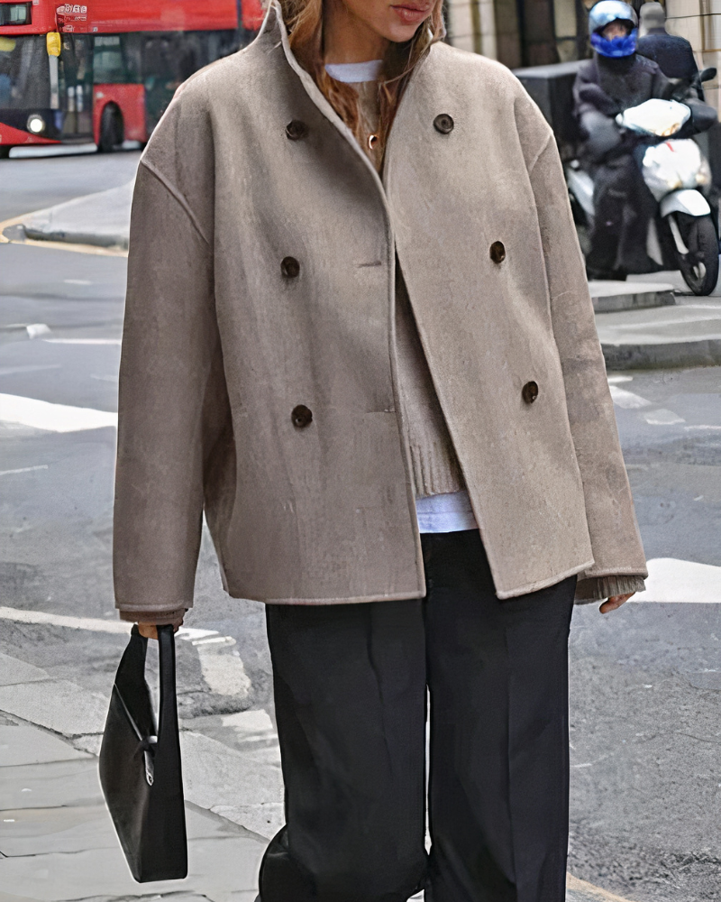 Women's Double-Breasted Wool Coat — Classic Tailored Overcoat in Taupe Grey Black for Autumn Winter | Koossa