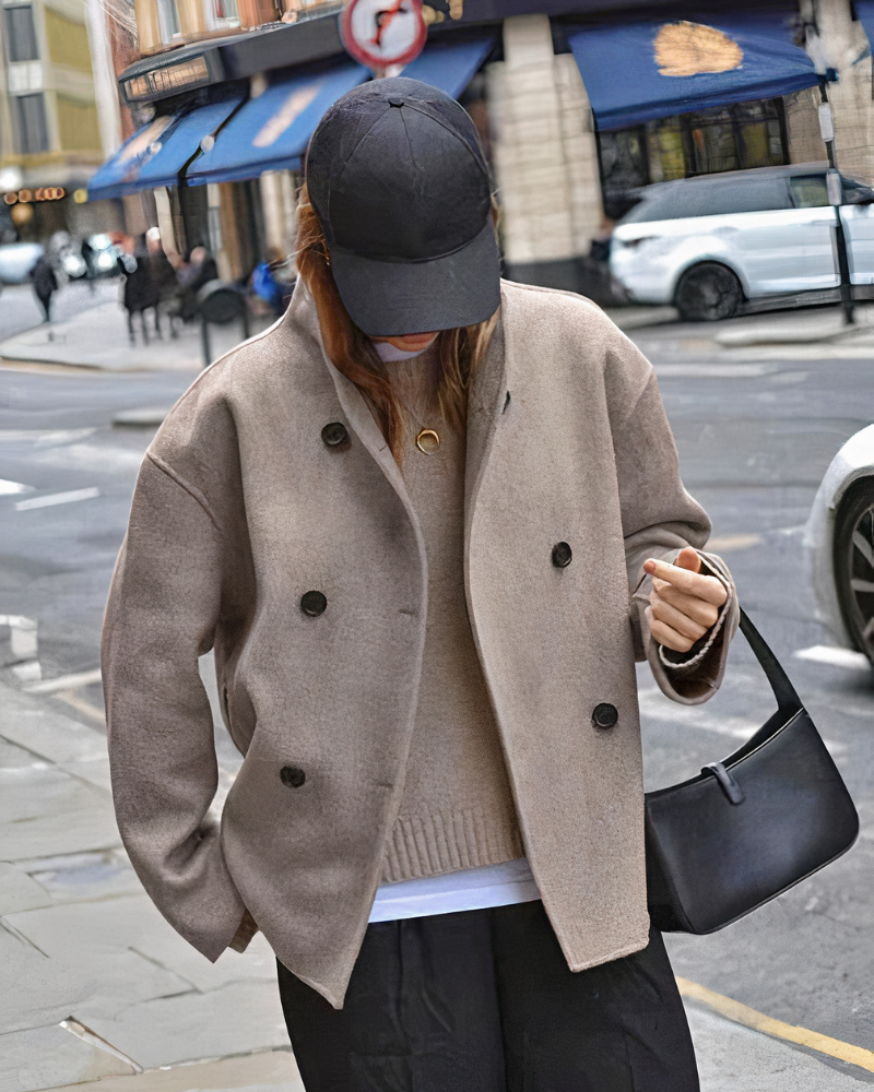 Women's Double-Breasted Wool Coat — Classic Tailored Overcoat in Taupe Grey Black for Autumn Winter | Koossa