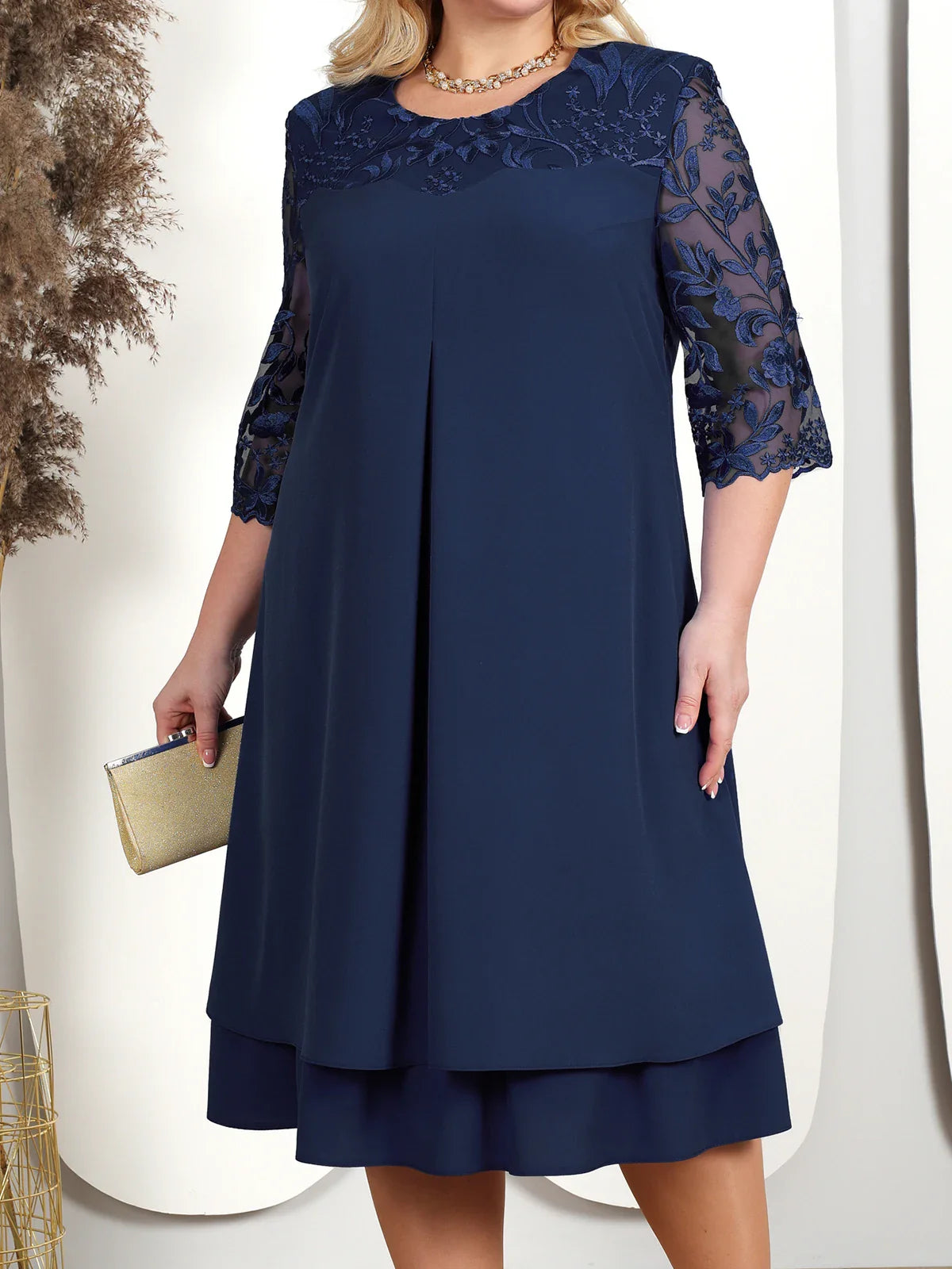 Women's Embroidered Banquet Midi Dress — Elegant Plus Size Evening Dress for Special Occasions & Formal Events | Koossa