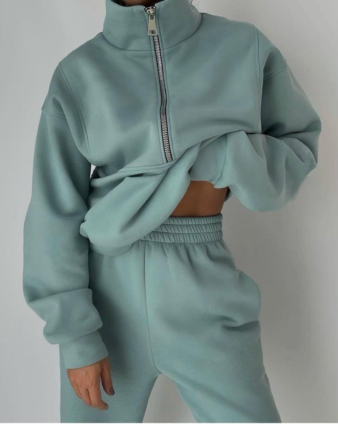 Women's Half-Zip Sweatshirt and Jogger Set in Soft Jersey Relaxed Everyday Loungewear Coordinated Matching Set Two-Piece Tracksuit for Casual Comfort | Koossa