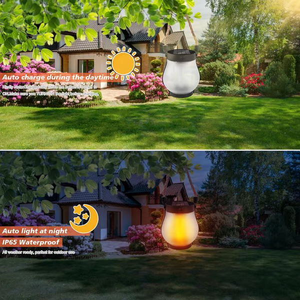 Solar Garden Lantern with Flickering Flame Effect for Outdoor Decor, Rechargeable LED Lantern with Rope Handle, Bronze Metal & Glass | Lonoma