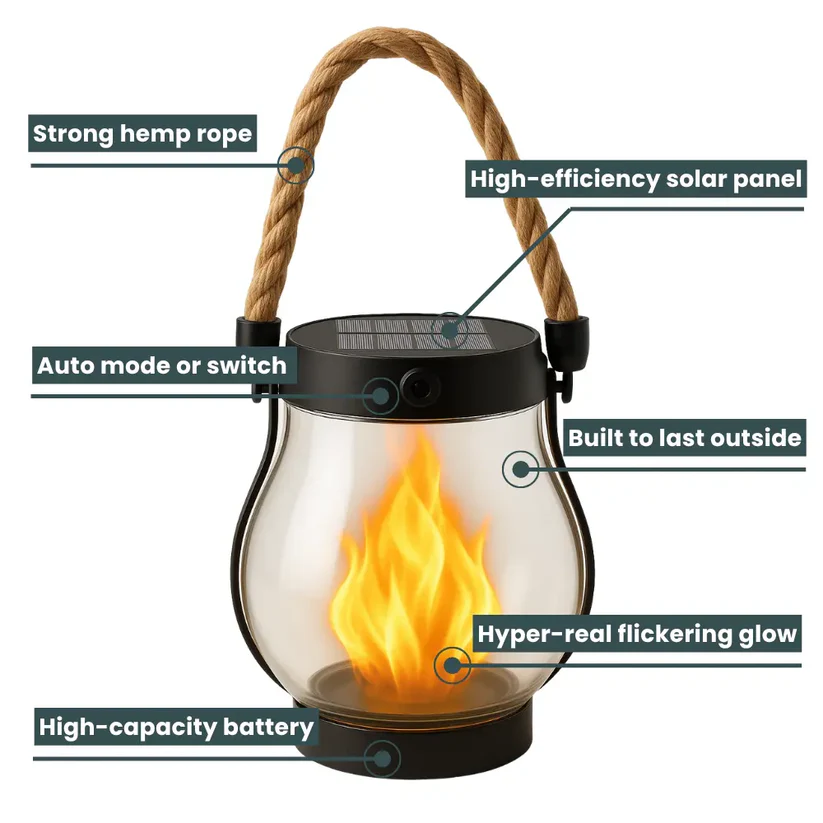 Solar Garden Lantern with Flickering Flame Effect for Outdoor Decor, Rechargeable LED Lantern with Rope Handle, Bronze Metal & Glass | Lonoma