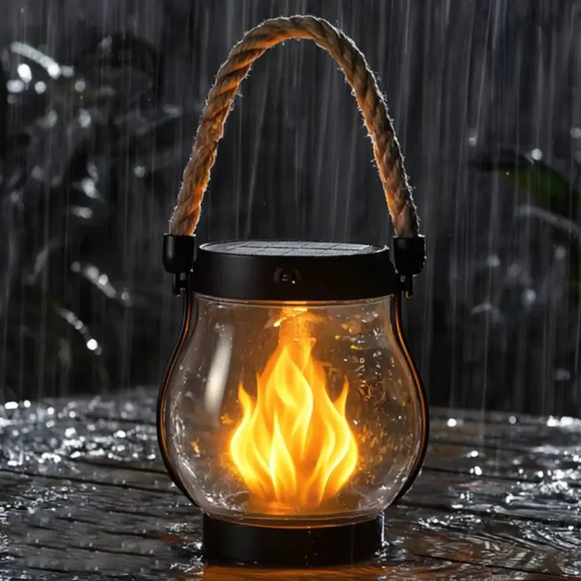 Solar Garden Lantern with Flickering Flame Effect for Outdoor Decor, Rechargeable LED Lantern with Rope Handle, Bronze Metal & Glass | Lonoma