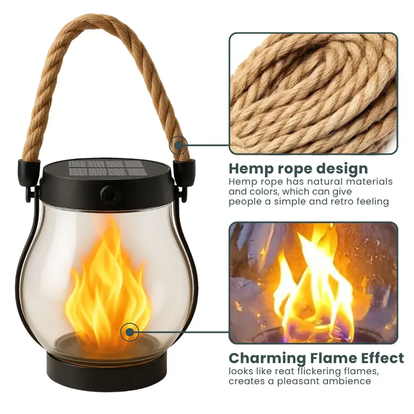 Solar Garden Lantern with Flickering Flame Effect for Outdoor Decor, Rechargeable LED Lantern with Rope Handle, Bronze Metal & Glass | Lonoma