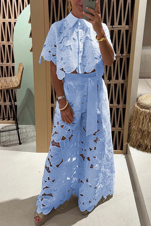 Lace-Detail Co-ord Set with Wide-Leg Trousers in Yellow and Royal Blue – Occasion Two-Piece for Spring and Summer Gatherings | Koossa