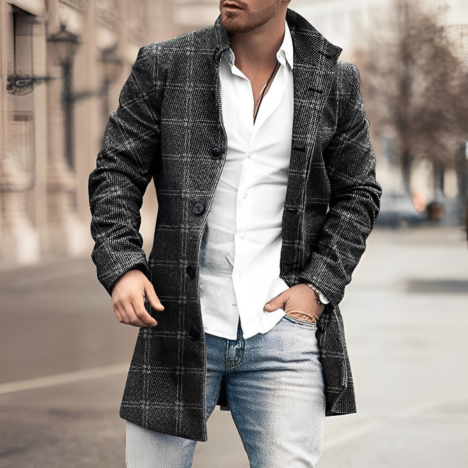 Men's Houndstooth Overcoat in Pure Wool — Tailored Long Coat for Autumn Winter Smart Formal Business Wear | Koossa
