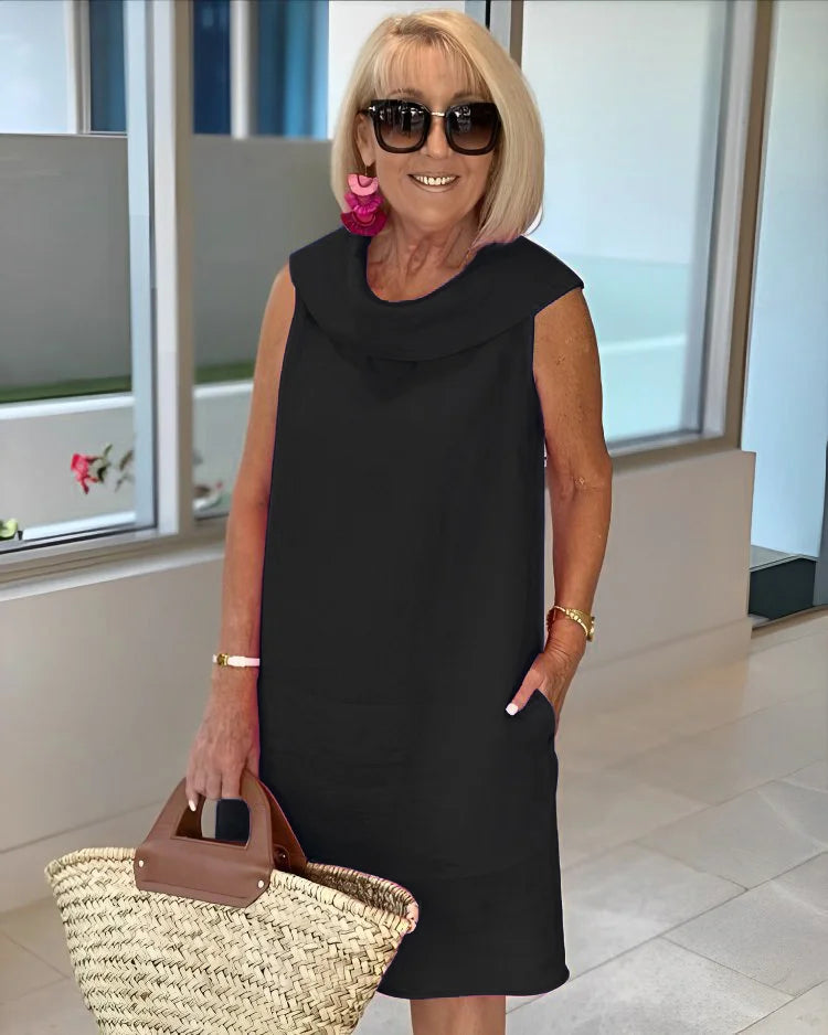 Women's Sleeveless Shift Dress with Round Neckline and Side Pockets – Effortless Day-to-Evening Elegance for Every Season | Koossa