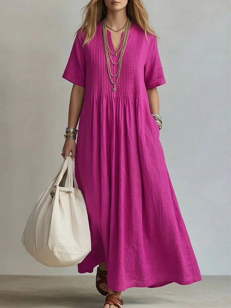 Women's Pleated V-Neck Midi Dress with Mid-Length Sleeves in Lightweight Fabric for Spring Summer Occasions | Koossa