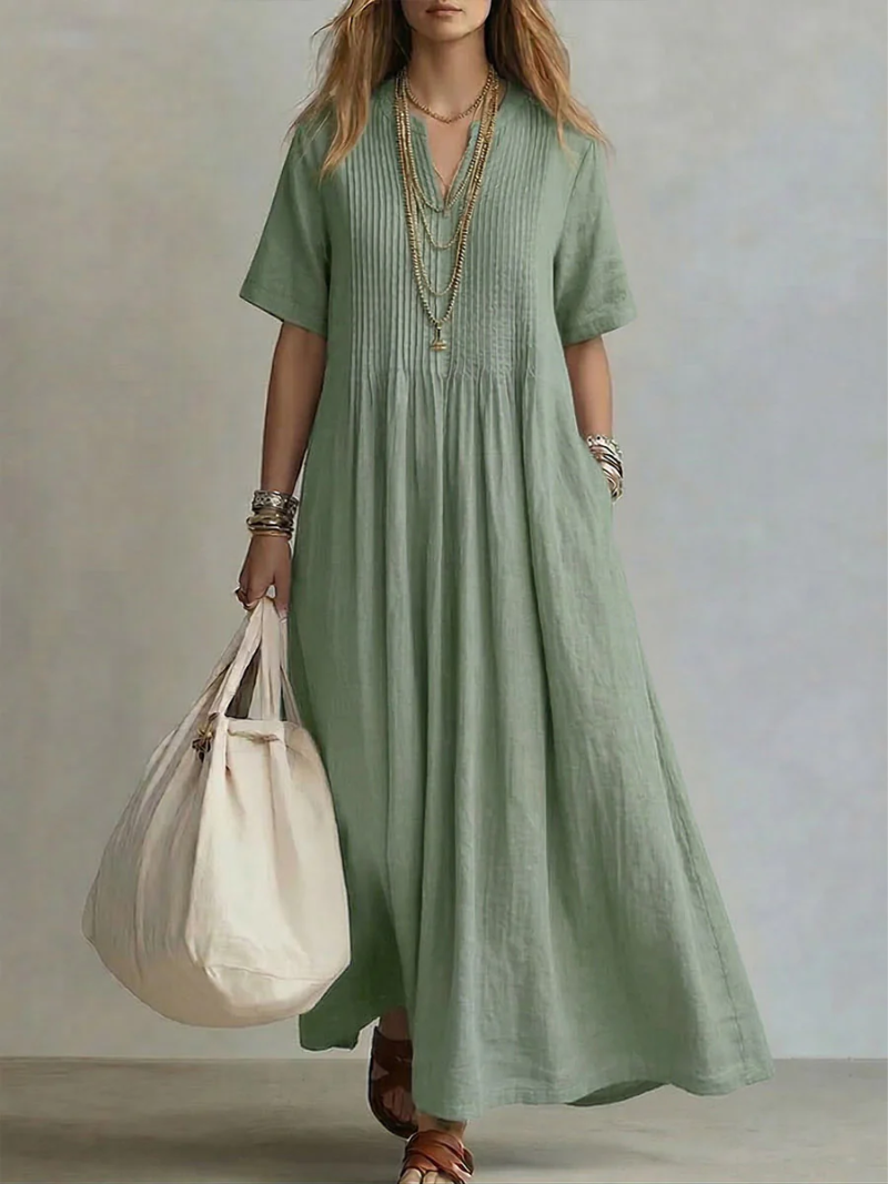Women's Pleated V-Neck Midi Dress with Mid-Length Sleeves in Lightweight Fabric for Spring Summer Occasions | Koossa
