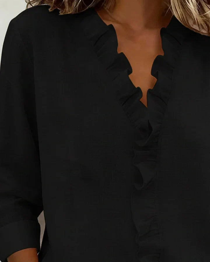 Women's Ruffle-Trim V-Neck Blouse in Soft Flowing Fabric – Elegant Long-Sleeve Top for Effortless Day-to-Evening Style | Koossa