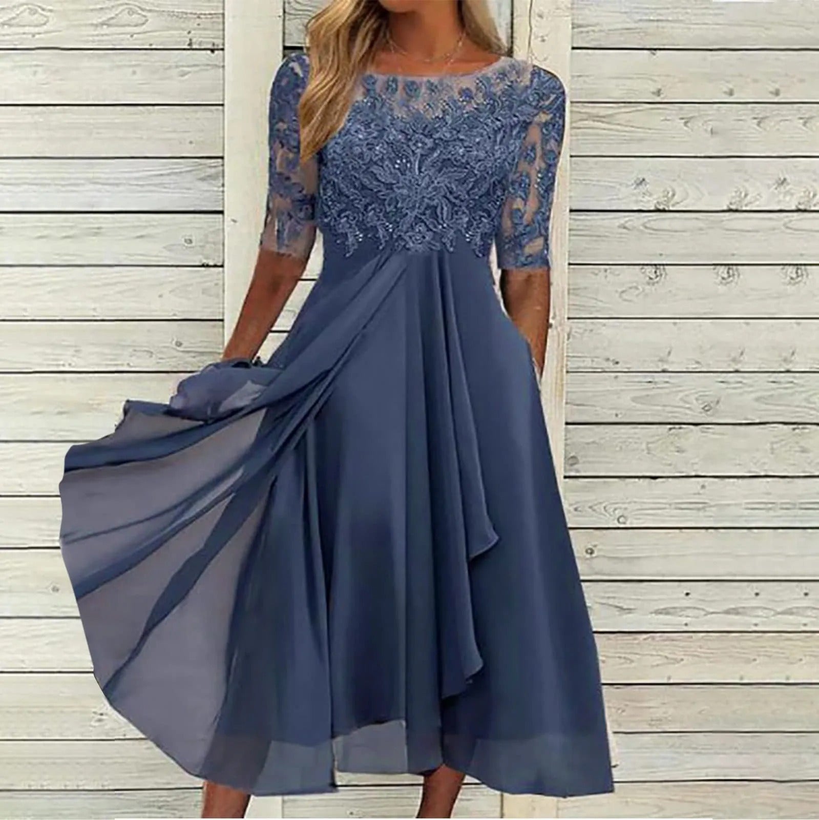 Women's Draped Evening Dress with Defined Waist and Elegant Neckline in Blue Pink White Green for Formal Occasions Gala Dinner Party Sophisticated Timeless Silhouette | Koossa
