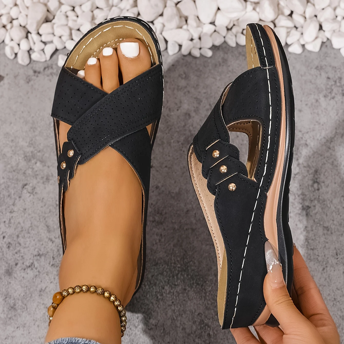 Women's Supportive Wedge Sandals with Cushioned Footbed in Blue, Pink, Brown & Black | Koossa