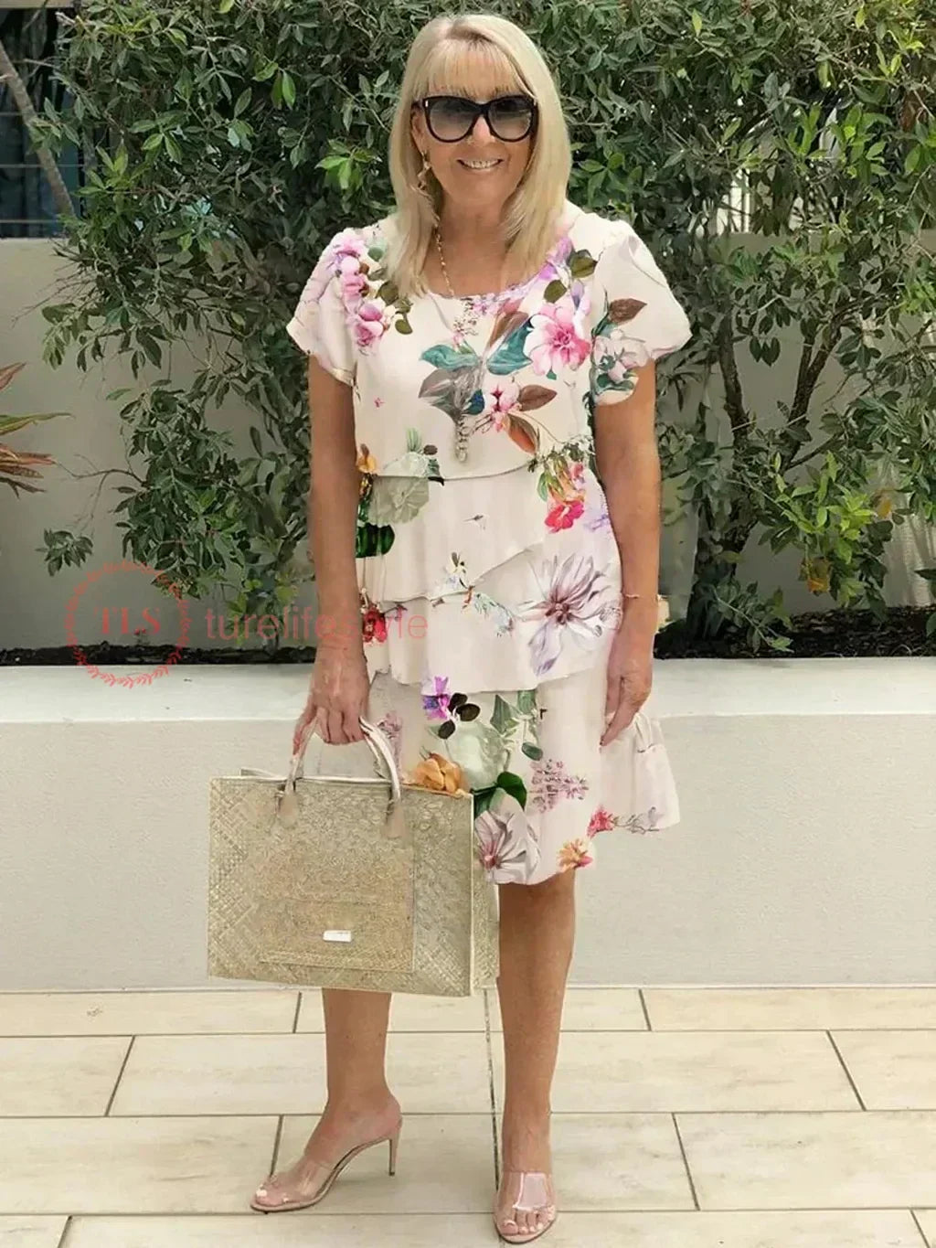 Women's Floral Tiered Midi Dress with Ruffled Hem — Elegant Day Dress for Garden Parties & Summer Occasions | Koossa
