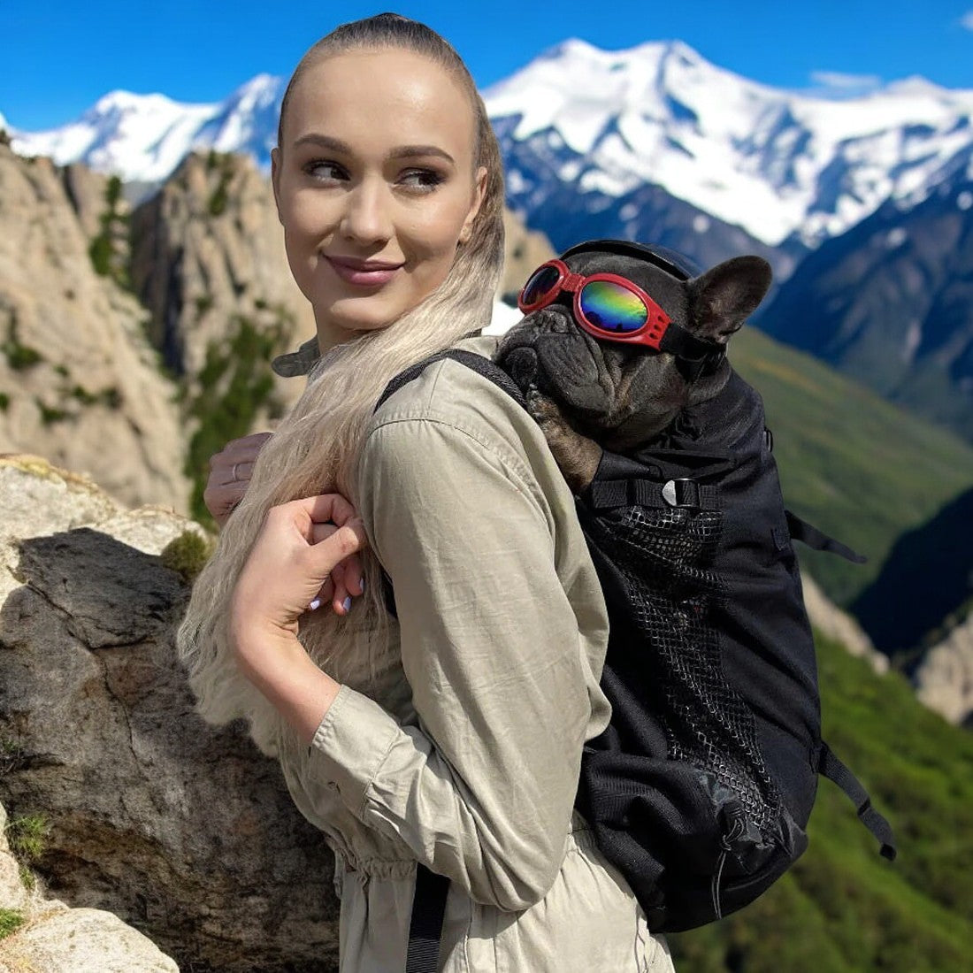 Dog Carrier Backpack Breathable Mesh French Bulldog Travel Rucksack Padded Straps Reinforced Base Anti-Scratch Ventilated Hands-Free | Koossa