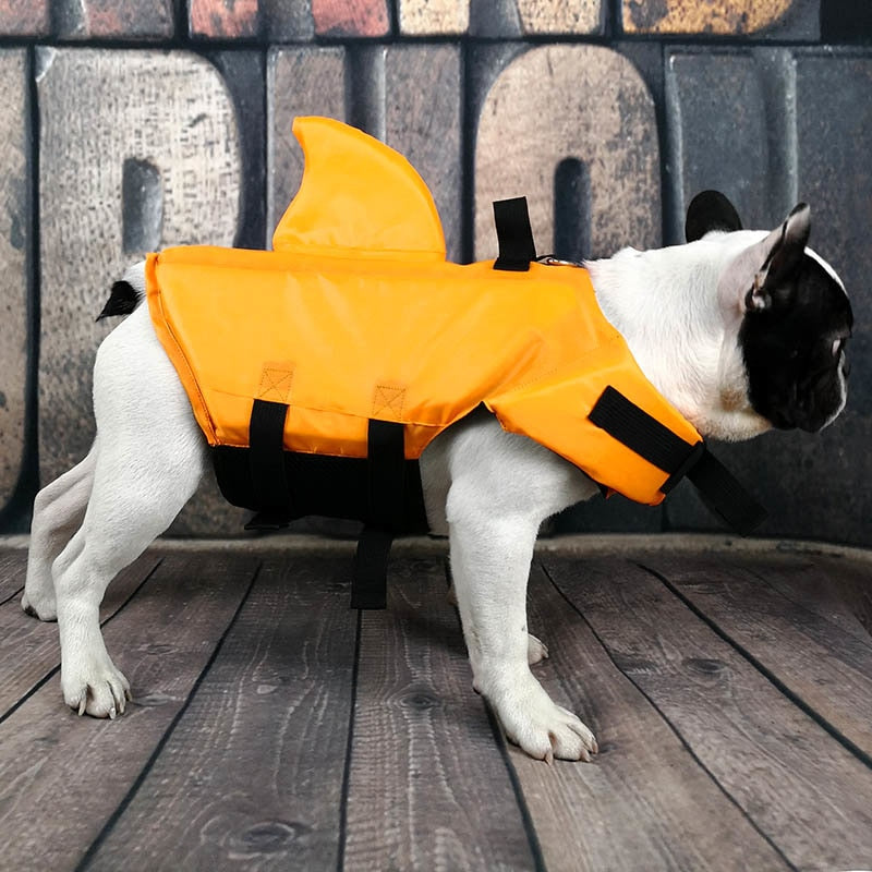 Dog Life Jacket Shark Fin Buoyant Diving Fabric French Bulldog Swim Vest Quick-Release Buckle Grab Handle D-Ring Water Safety | Koossa