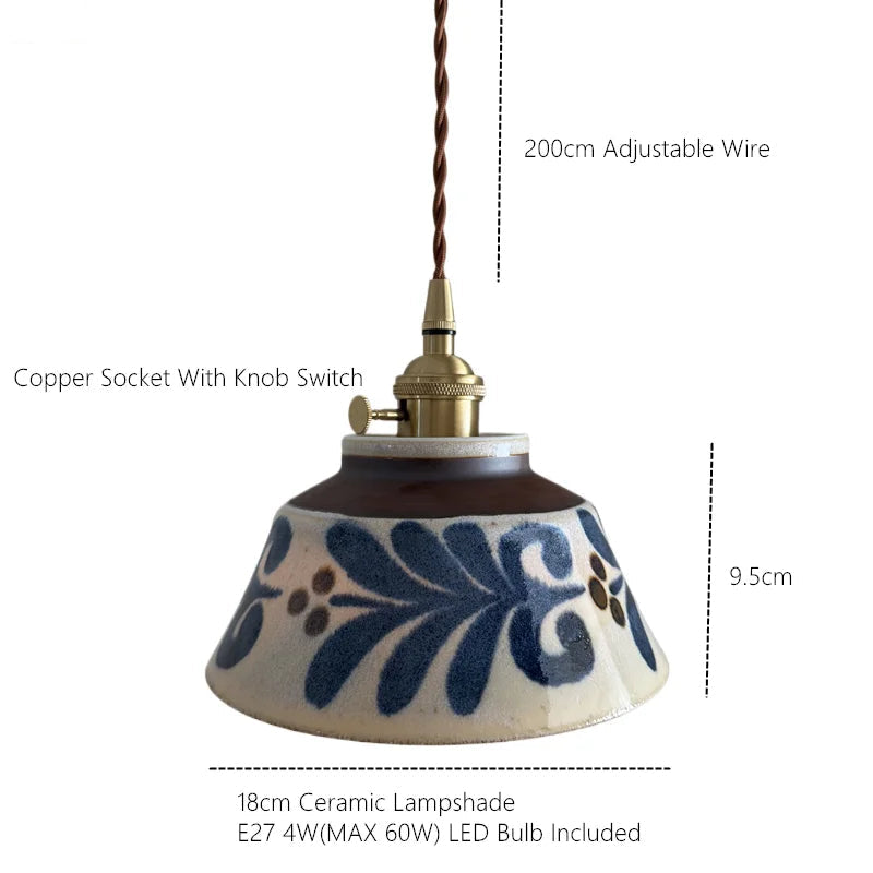 Suspension en céramique peinte à la main motif floral monture cuivre style nordique éclairage chaleureux | Koossa