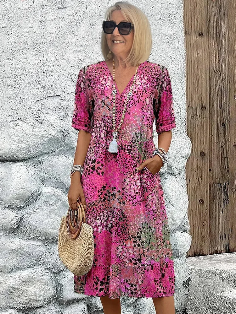 Vibrant Patterned Midi Dress in Flowing Silhouette for Women | Elegant Statement Dress with Graceful Movement and Bold Character | Koossa