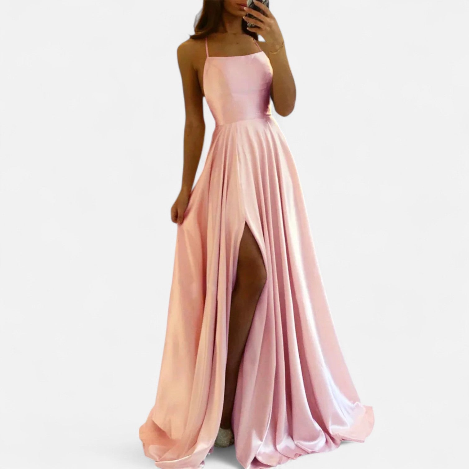 Women's Slim-Strap Maxi Dress with Side Slit for Wedding Guests | Elegant Floor-Length Gown in Navy Black Pink Burgundy Sage | Spring Summer Evening Wear | Koossa