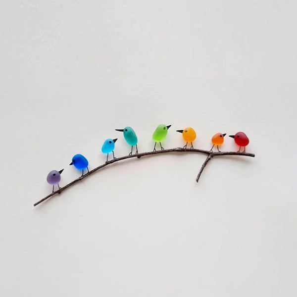 Handcrafted Sea Glass Bird Wall Art on Driftwood – 8 to 12 Coastal Birds, Rainbow Colors, Beach Decor for Living Room | Lonoma