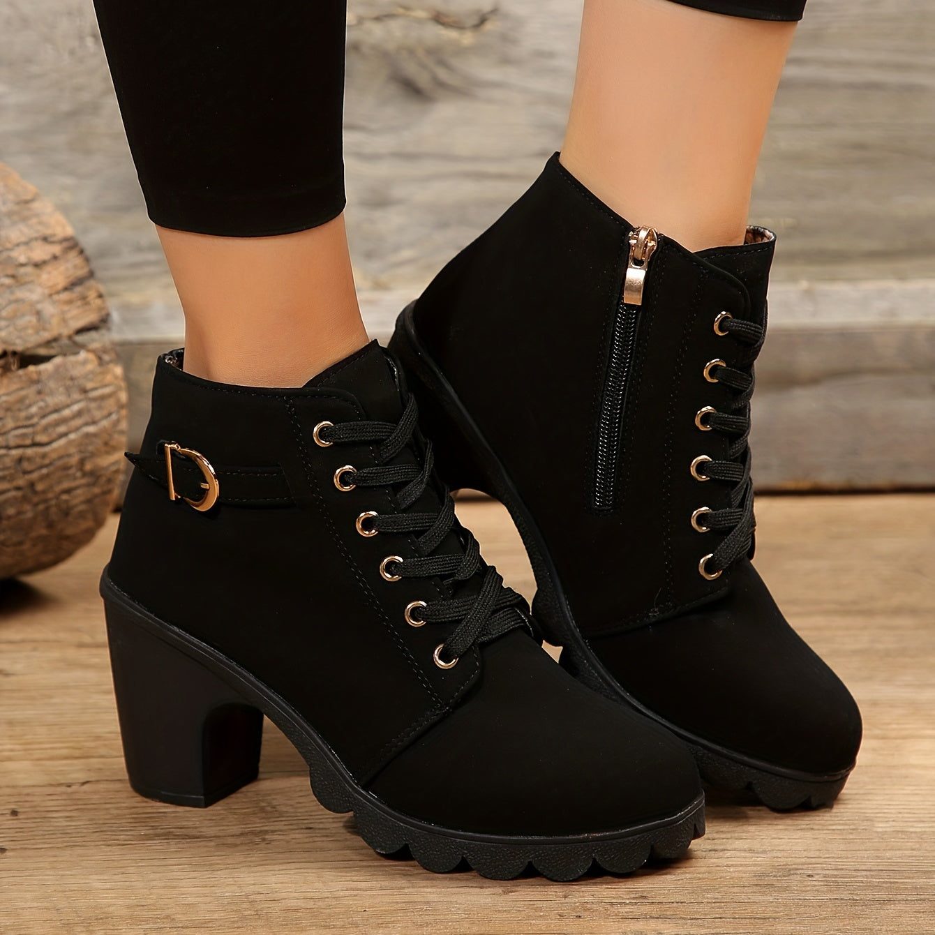 Lace-Up Ankle Boots with Block Heel in Dark Green, Black & Burgundy – Versatile Leather-Look Boots with Side Zip | Koossa