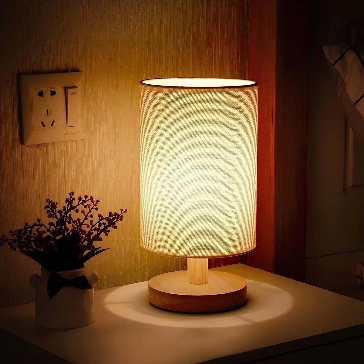 Bamboo & Linen Table Lamp, Dimmable LED Touch Bedside Lamp, 3 Color Temperatures, USB Powered Nightstand Desk Light, Scandinavian | Lonoma