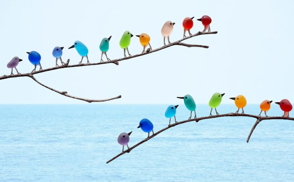 Handcrafted Sea Glass Bird Wall Art on Driftwood – 8 to 12 Coastal Birds, Rainbow Colors, Beach Decor for Living Room | Lonoma