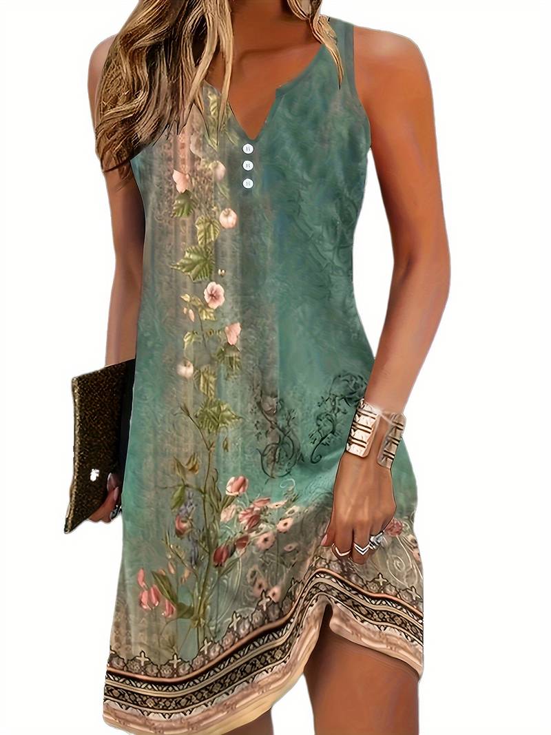 Women's Sleeveless Mini Dress with Floral Print & V-Neckline — Summer Day Dress for Casual Occasions | Koossa