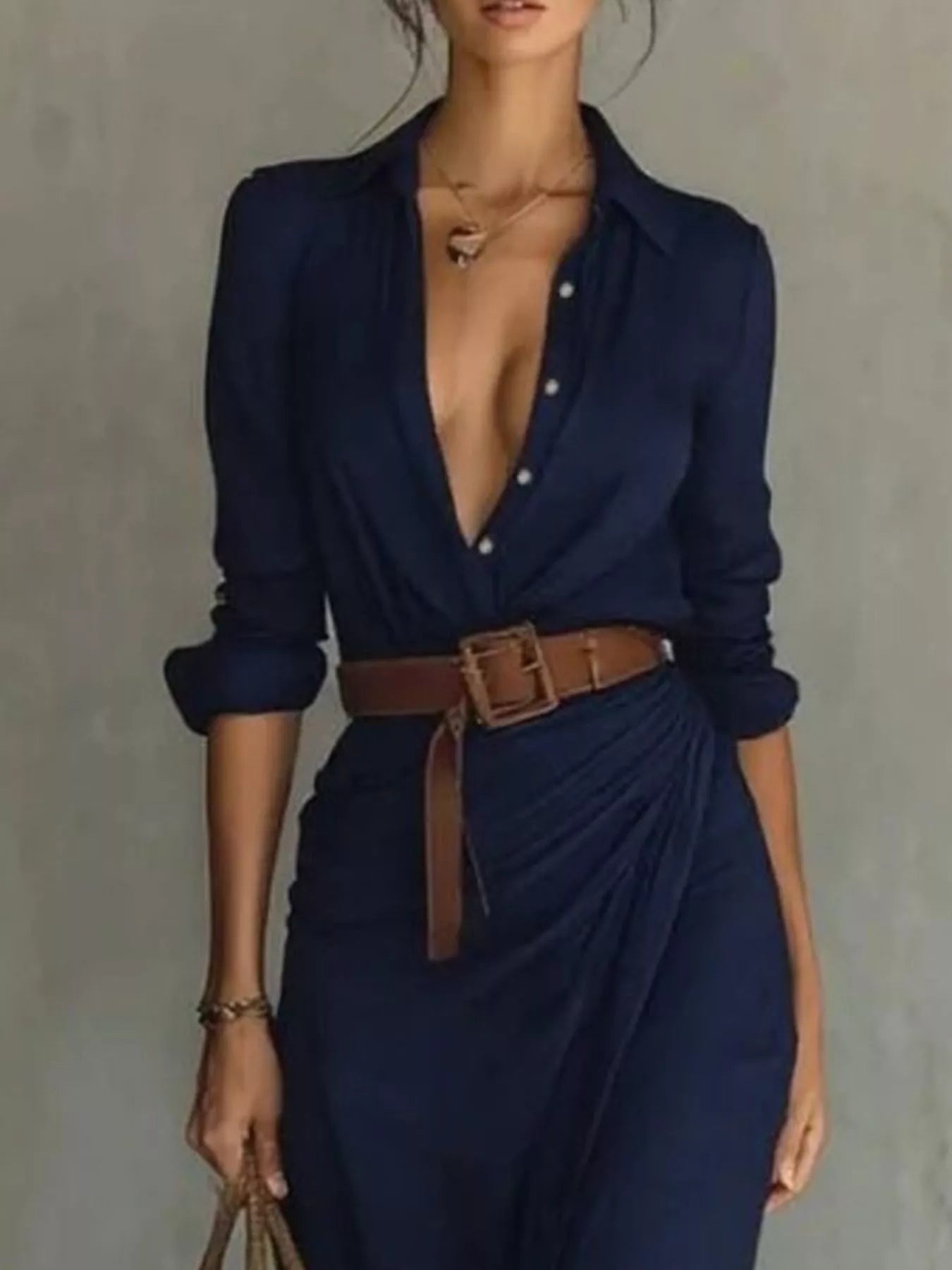 Women's Belted Maxi Dress with Long Sleeves in Khaki, Black, White & Navy Blue – Elegant Flowing Full-Length Dress for Day and Evening | Koossa