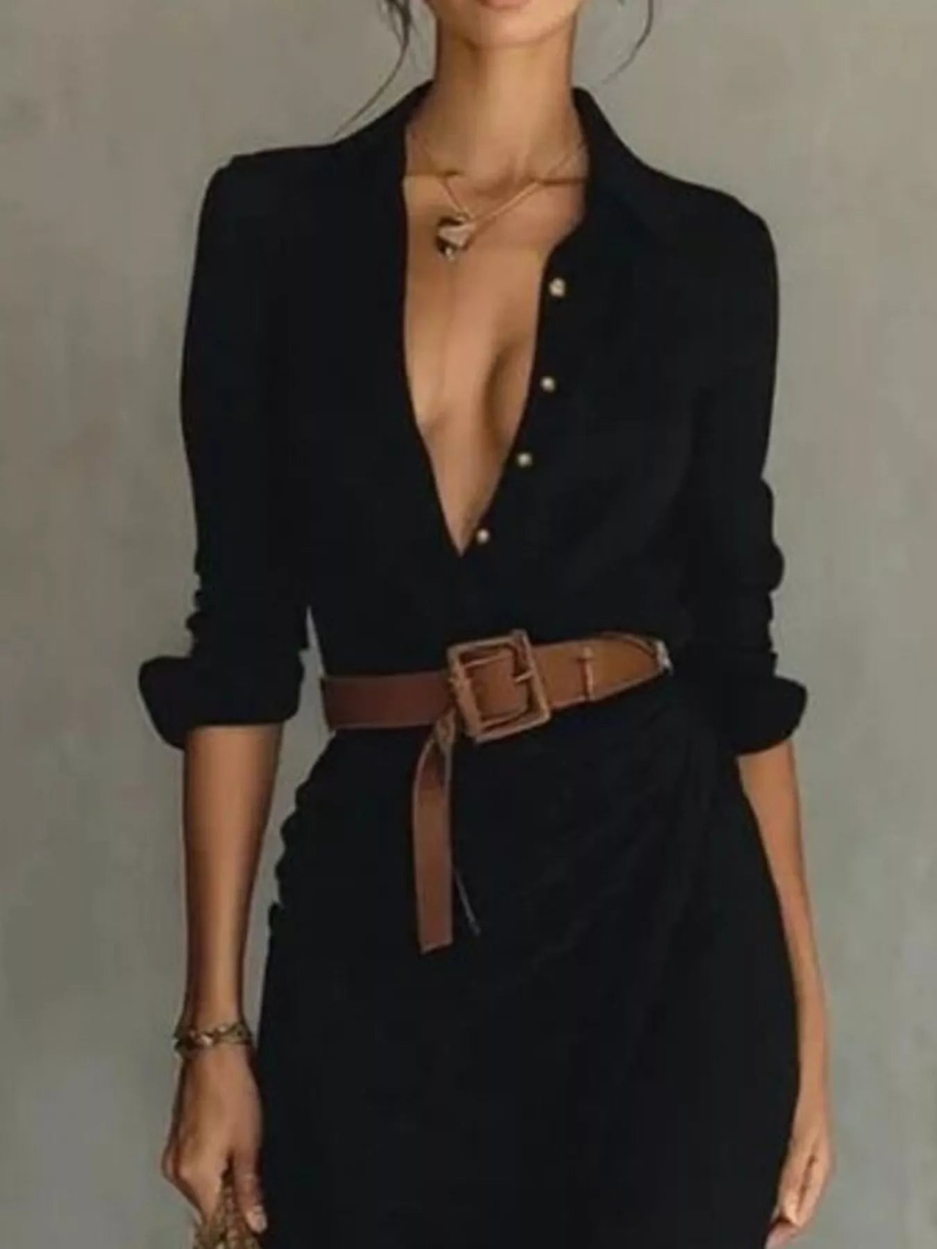 Women's Belted Maxi Dress with Long Sleeves in Khaki, Black, White & Navy Blue – Elegant Flowing Full-Length Dress for Day and Evening | Koossa
