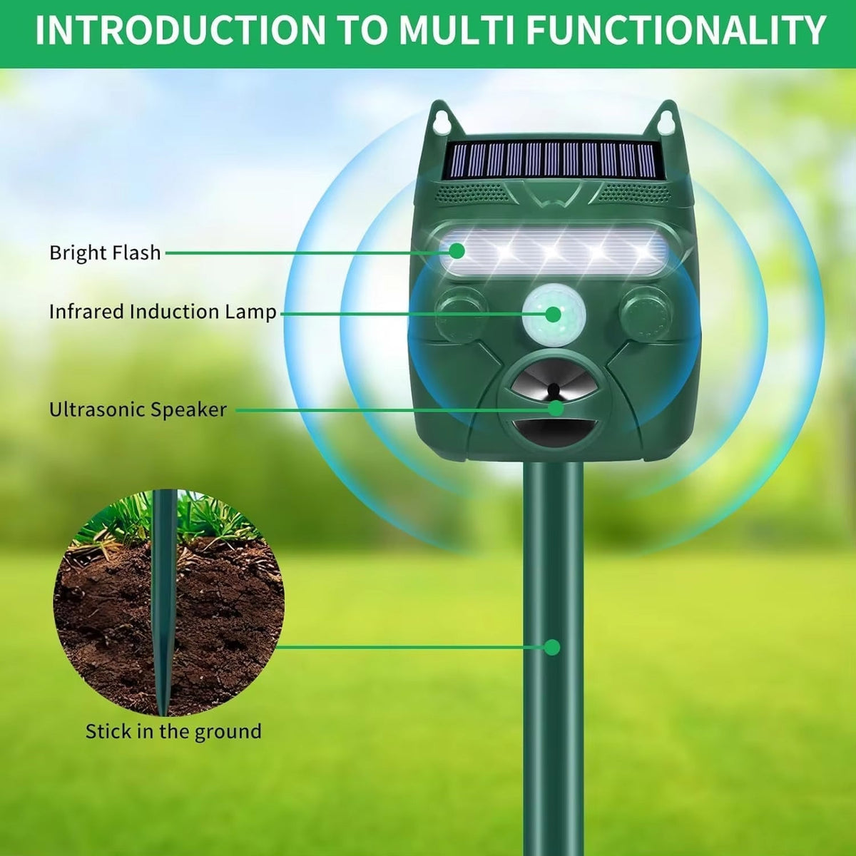 Outdoor Solar Pest Deterrent Motion Activated Ultrasonic Animal Repeller Waterproof for Yard Garden Lawn Protection Against Deer Raccoons | Lonoma