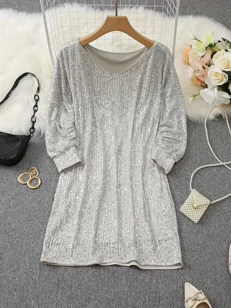 Sequinned Long-Sleeve Mini Dress in Relaxed Silhouette for Evening Occasions | Koossa