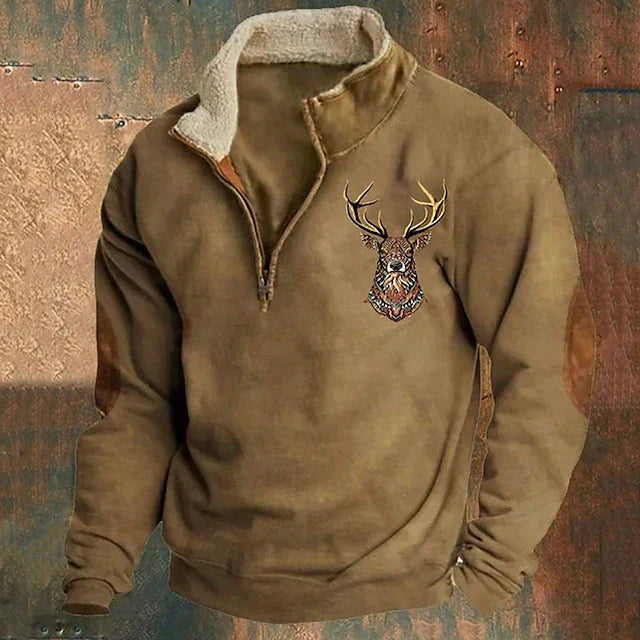 Men's Quarter-Zip Pullover with Elegant Stag Motif — Warm Autumn Jumper for Casual & Smart-Casual Wear | Koossa