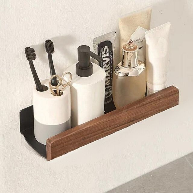 Étagère murale salle de bain en bois massif sans perçage – Finition naturelle résistante à l'humidité | Koossa