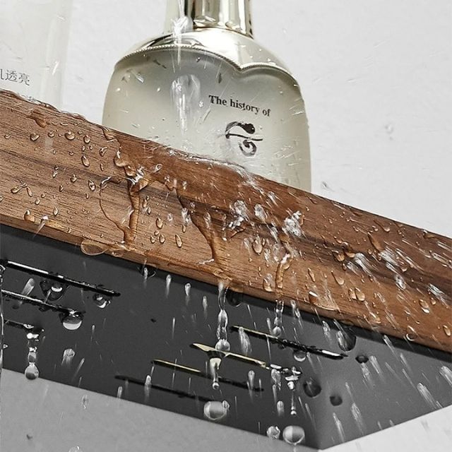 Étagère murale salle de bain en bois massif sans perçage – Finition naturelle résistante à l'humidité | Koossa