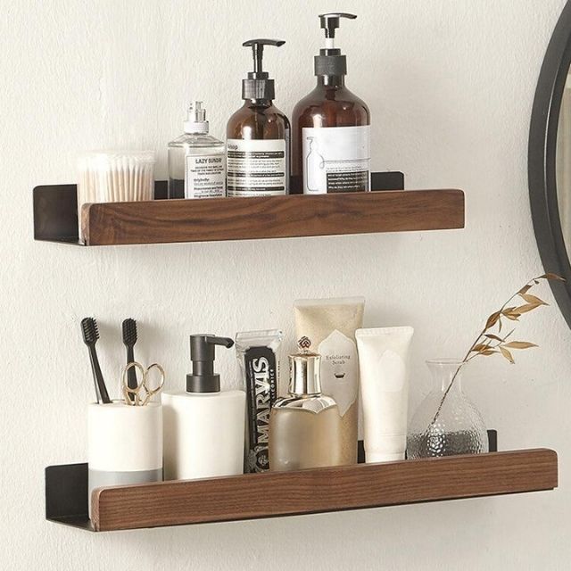 Étagère murale salle de bain en bois massif sans perçage – Finition naturelle résistante à l'humidité | Koossa