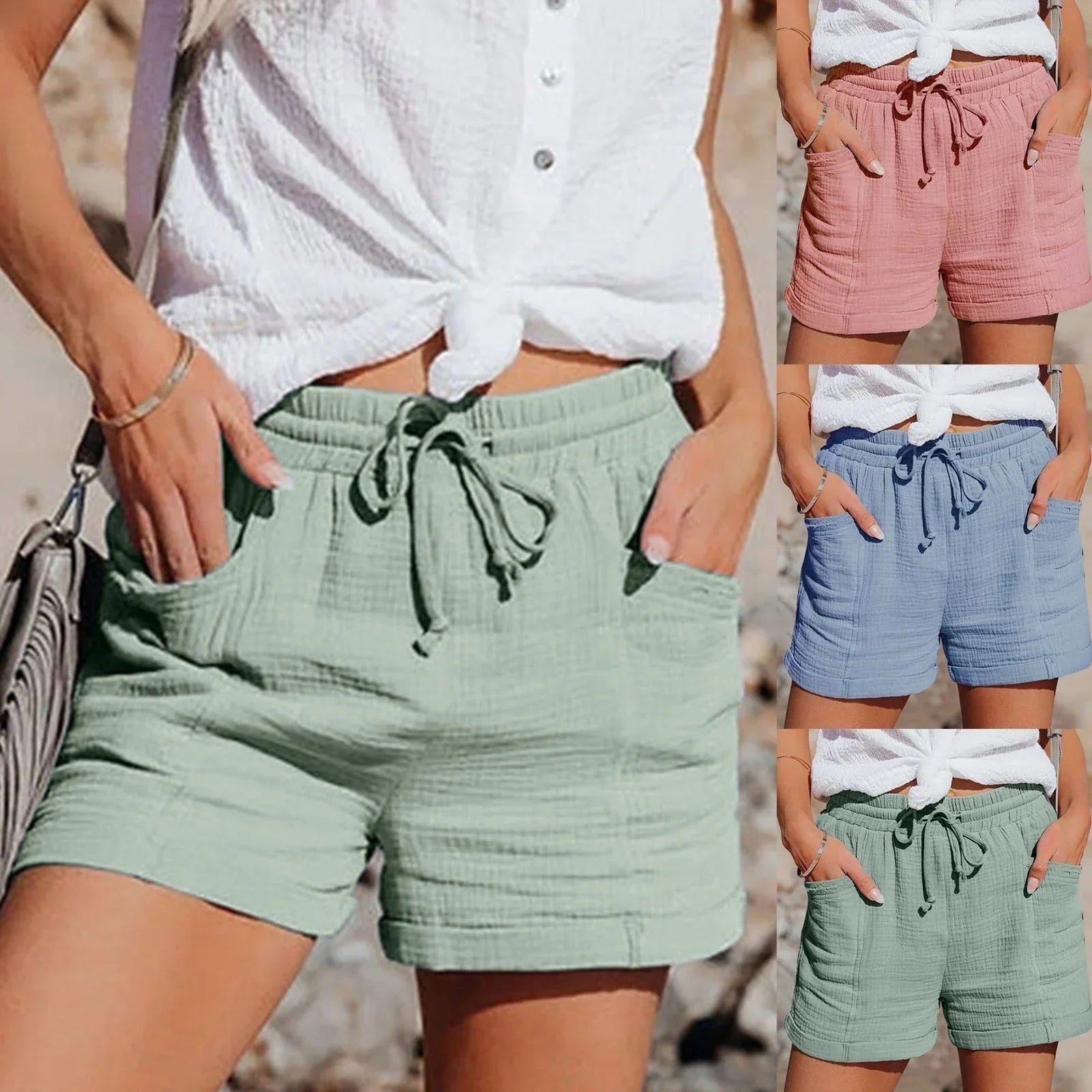 Women's Linen-Blend Drawstring Shorts in Summer Pastels — Relaxed Fit with Elasticated Waistband for Holiday Beach Casual Weekend Wear | Koossa