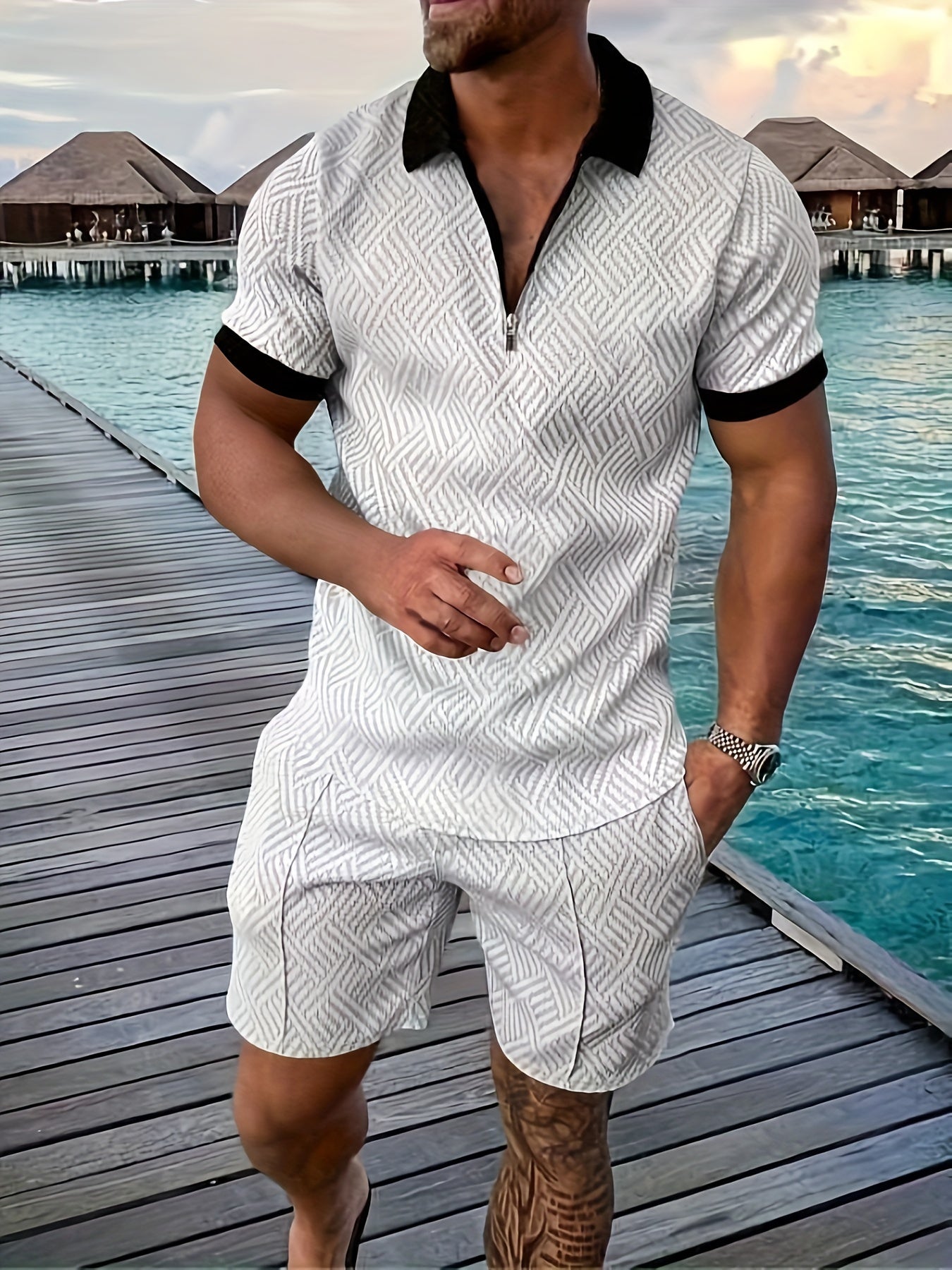 Men's Geometric Short-Sleeve Shirt and Shorts Co-Ord Set in Cotton Blend with Zip Collar for Smart Casual Summer Leisure | Koossa