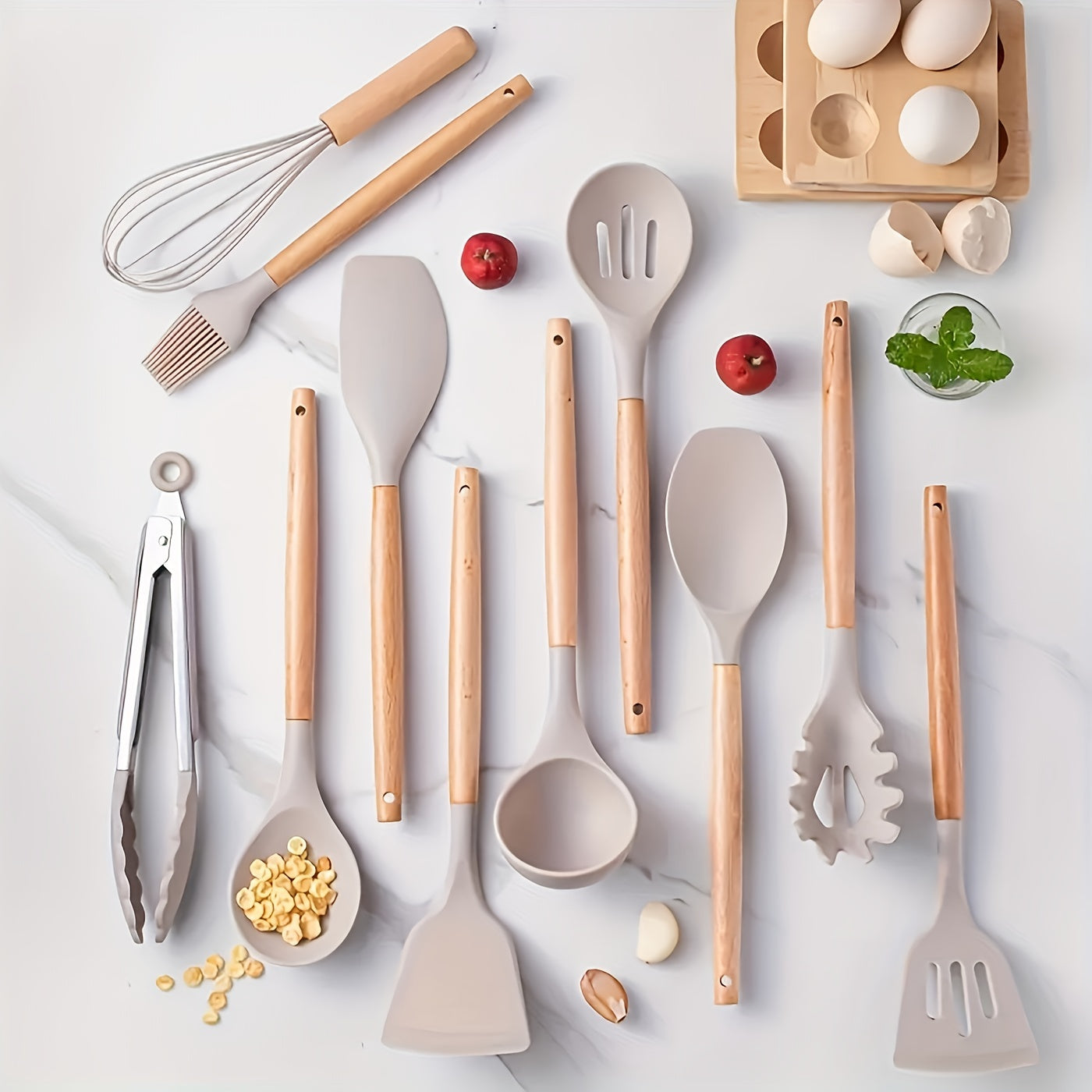 Set de 12 Ustensiles de Cuisine en Silicone avec Manches en Bois Naturel pour Cuisson Douce et Soignée | Koossa